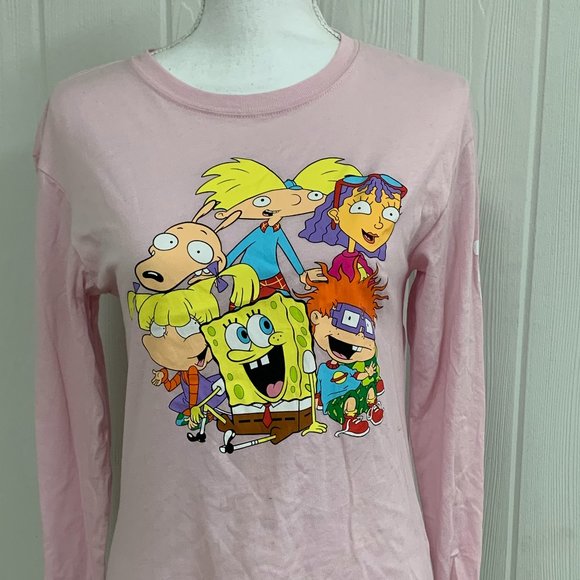 90s Nickelodeon Pink Long Sleeve T-Shirt Sz Extra Small Rugrats SpongeBob Arnold - Picture 1 of 2